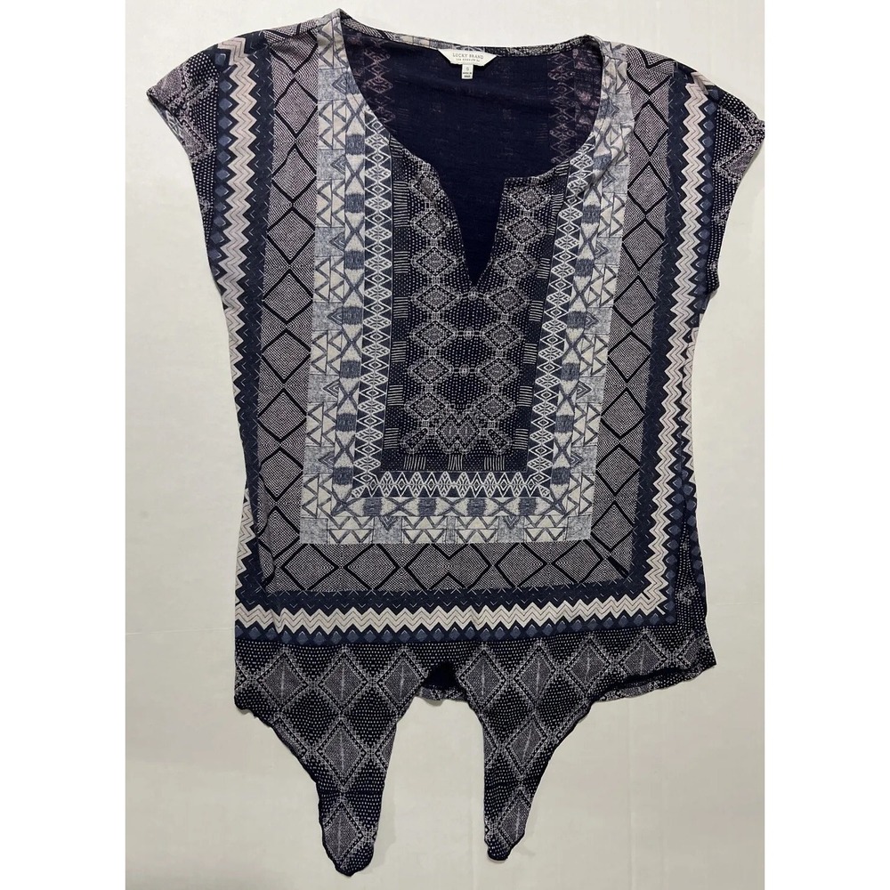 Lucky Brand Tie-Front Top Bandana Print Navy Blue Women's SZ SM Boho